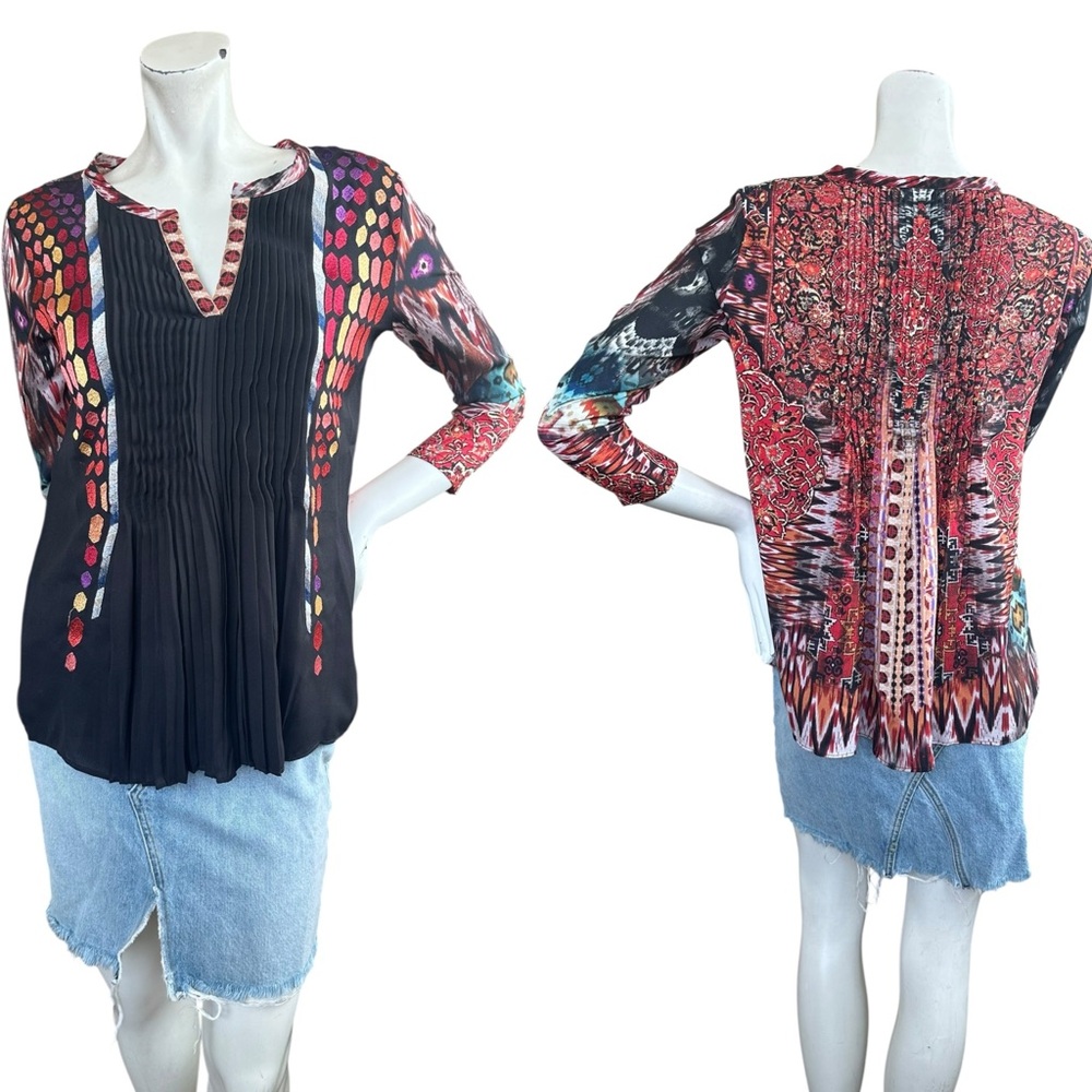 Anthropologie Ranna Gill Black Embroidered Pattern Back 3/4 Sleeve Blouse XS